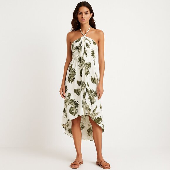 Sunny Island Hawaii Rayon Halter Dress High Low Tropical Palm Leaf 2XL Ivory - Picture 2 of 14